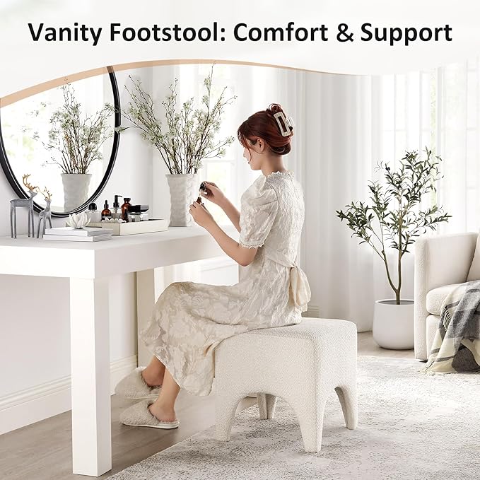 17" Boucle Modern Square Foot Stool Ottoman, Vanity Stool for Makeup, Rectangle Foot Rest for Couch, Upholstered Ottoman Stool for Living Room, Bedroom, Entryway (2, White)