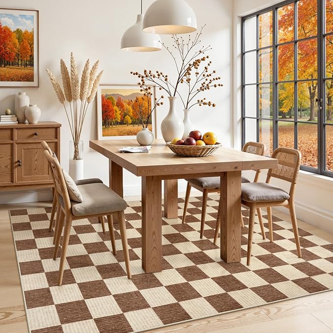 Machine Washable 5x7 Area Rugs for Living Room Checkered, Non Slip Soft Low Pile Farmhouse Geometric Modern Neutral Playroom Boys Rugs for Bedroom, Large Carpet Rugs for Dining Room(Dark Brown,5'x7')