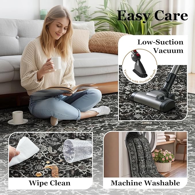 Vintage Charcoal Large Area Rugs 9x12 for Living Room, Earth Tone Dark Big Room Carpet Rug for Bedroom Dining Room, Washable Rug with Rubber Backing Low Pile Thin Soft for Family Room