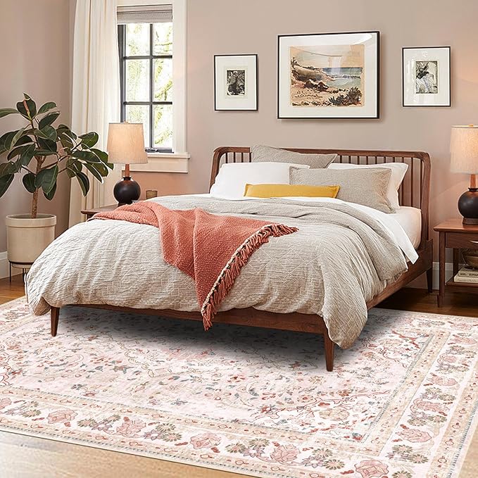Vhong Pink Area Rugs Boho Washable Vintage Modern Neutral Large Carpet 8×10 Rugs for Dinning Room Living Room Bedroom Girls' Room Nursery Room Non Slip