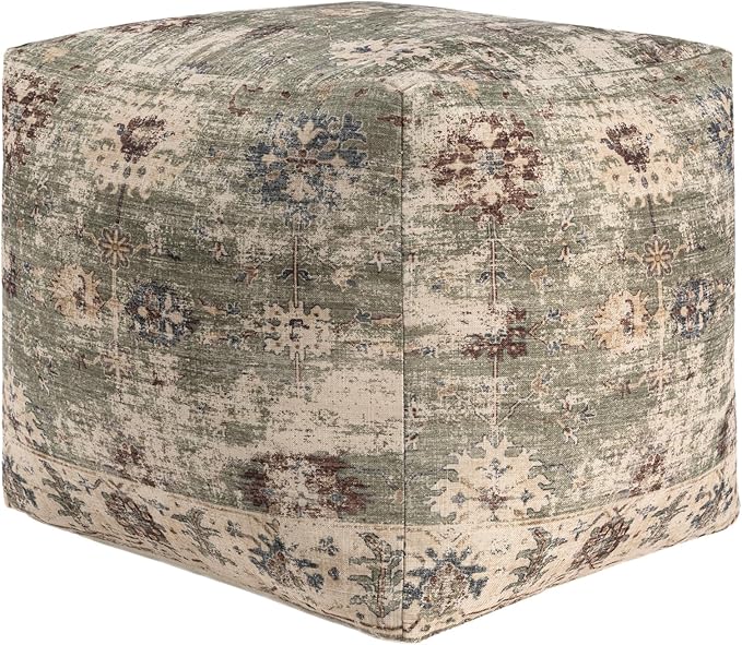 LR Home Grace Vintage Floral Sage Green Square Indoor Medium Pouf Ottoman | Power-Loomed Polyester Pouf Foot Rest for Bedroom & Living Room Decor | 18 x 18 x 18 Stuffed Ottoman for Seating