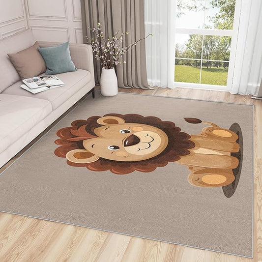 Lion Rug for Nursery - 4x5 Rug - Lion Rug - Cute Cartoon Safari Area Rug - Kids Baby Nursery Playroom Rugs - Kawaii Zoo Animal Carpet - Home Decor