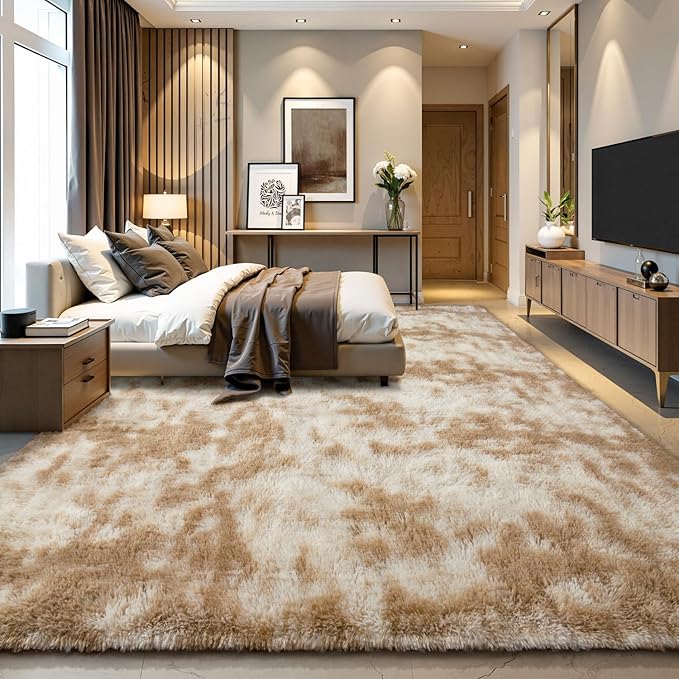 EVOIONOS Area Rug for Living Room Bedroom, Washable 5x8 Fluffy Shag Large Rug, Soft Plush Non Slip Carpet for Indoor Floor Bedside Nursery Kids Girls Room Dorm, Home Decor Aesthetic, Tie-Dyed Camel
