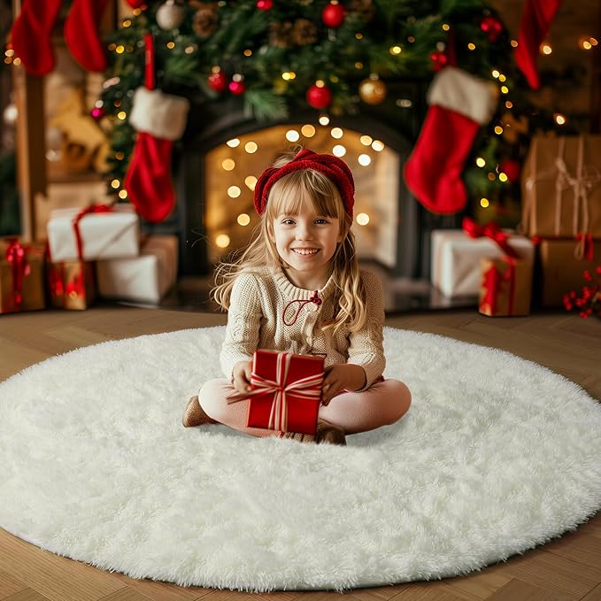 Amdrebio Ivory White Round Rug 5Ft for Bedroom Living Room Aesthetic, Washable Fluffy Fuzzy Circle Area Rugs for Kids Room Playroom, Circular Plush Soft Shaggy Cream Carpet for Dorm Teen Baby Nursery