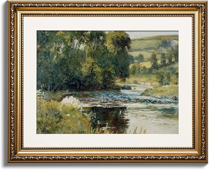ARPEOTCY Vintage Gold Framed Wall Art, Nature Streamside Retro Paintings, Canvas Prints Artwork with Antique Frame, Victorian Wall Pictures Decor for Living Room Gallery Room 13x16 inch