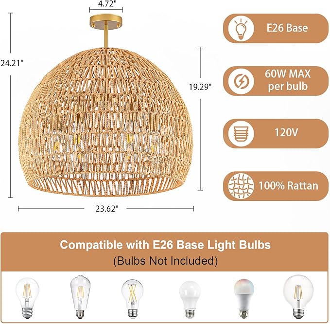 Rattan Ceiling Light Fixture, 6-Light Boho Semi Flush Mount Ceiling Light,23.62" Wicker Light Fixture with Handmade Woven Cage Lampshade,Rattan Chandelier for Bedroom Hallway Nursery Kitchen Farmhouse