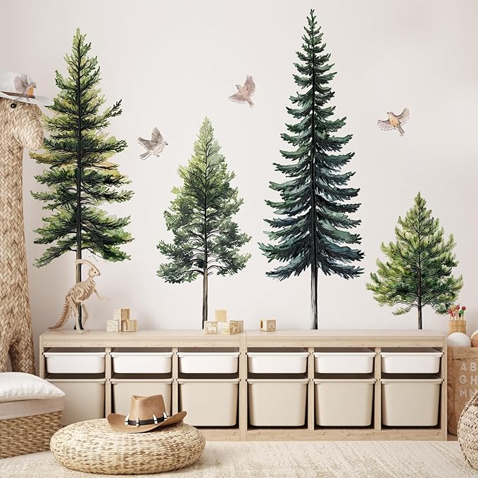 46.8" Green Pine Tree Wall Decals Large Forest Tree Wall Stickers 4 Sheets Peel and Stick Bird Wall Decal for Living Room Bedroom Nursery Kids Room Christmas Decor (Green Pine Trees)