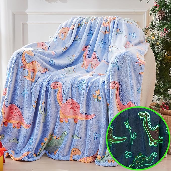 inhand Dinosaur Gift Toys for Kids Glow in The Dark Dinosaur Blanket for Boys Girls Fluffy Cozy Fleece Kids Blanket Birthday Christmas Halloween Easter Child Gifts Blue 50"x60"