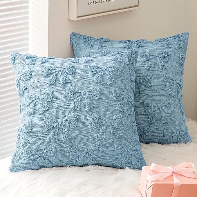 MIULEE Blue Bow Pillow Covers Coquette Room Decor Aesthetic Set of 2 Decorative Cute Girl Throw Pillow Soft Plush Faux Pillowcase for Girl Bed Couch Sofa,18x18 Inch