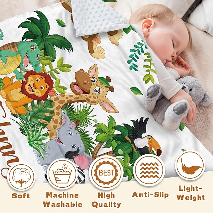 Personalized Baby Blanket with Name, Customized Blanket for Newborn Boys Girls, Woodland Animals Flannel Baby Name Blanket with Dotted Backing, Receiving Swaddle, Gifts for New Parents(30”x40)