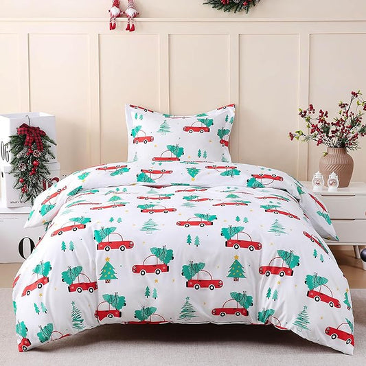 JSD Red Cars Kids Christmas Duvet Cover Set Twin Size, 2 Piece Xmas Comforter Cover with Pillow Sham Zipper Closure, Comforter Not Included