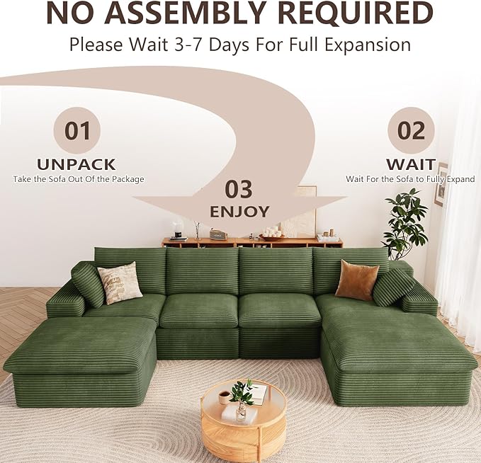 136" Cloud Modular Sectional Sofa with 1 Ottoman, Deep Seat Boneless Couch, Modern Upholstered Corduroy Couches, Comfort U Shaped Sofa for Living Room, No Assembly Required(Green,Right Facing Chaise)