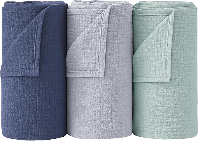 Bearmoss Muslin Swaddle Blankets, 40 x 38 inches Baby Swaddle for Boys and Girls, Soft Baby Blanket, 3 Pack Breathable Nursery Receiving Blankets (Blue Green)