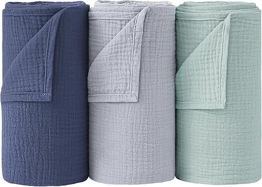 Bearmoss Muslin Swaddle Blankets, 40 x 38 inches Baby Swaddle for Boys and Girls, Soft Baby Blanket, 3 Pack Breathable Nursery Receiving Blankets (Blue Green)