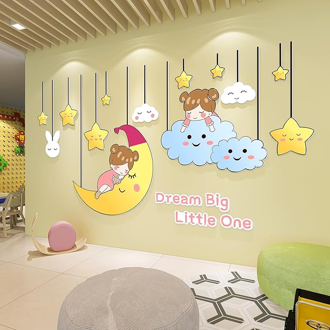 3D Stars Moon Wall Stickers for Girls Room Decor Wall Decals Peel and Stick for Girls Bedroom Large Pink Princess Pictures Kids Murals Wallpaper Art Inspirational Decor for Nursery Toddler