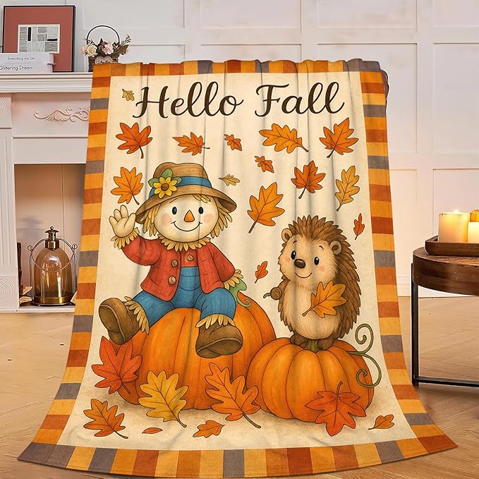 Fall Blanket Cute Autumn Pumpkin Scarecrow Hedgehog Maple Leaf Throw Blanket Soft Cozy Fleece Fuzzy Plush Flannel Warm Stuff Hello Fall Blanket Gifts for Women Girls Kids Thanksgiving 40"x50"