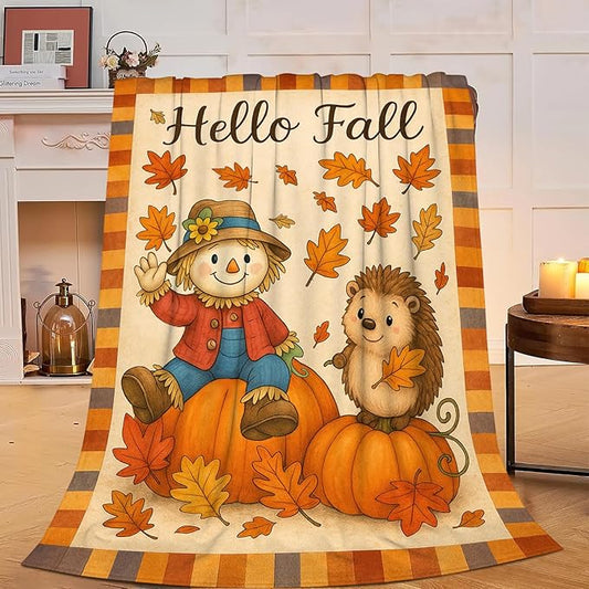 Fall Blanket Cute Autumn Pumpkin Scarecrow Hedgehog Maple Leaf Throw Blanket Soft Cozy Fleece Fuzzy Plush Flannel Warm Stuff Hello Fall Blanket Gifts for Women Girls Kids Thanksgiving 40"x50"