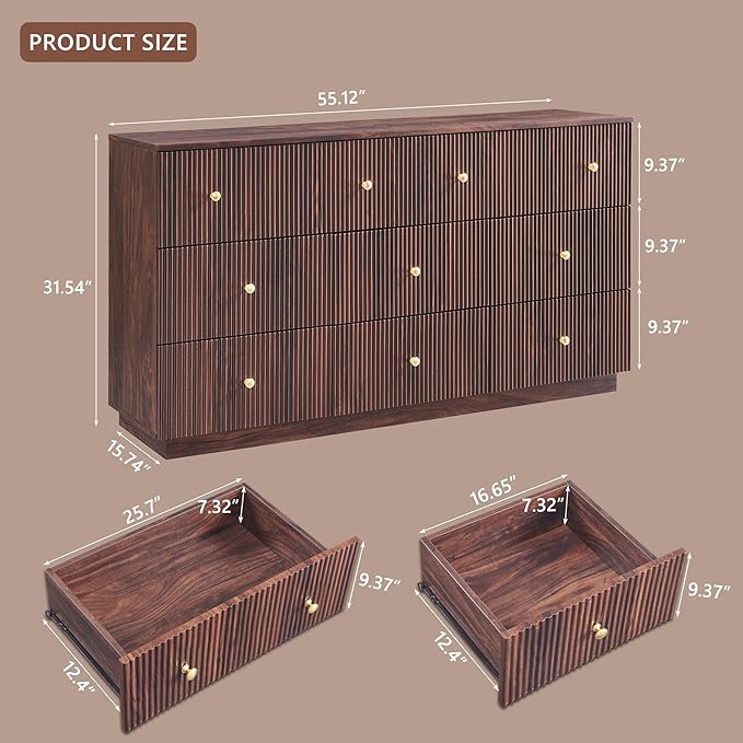 Fluted Dresser for Bedroom, 55" W 8 Drawer Dressers, Wood Tall Dresser Storage Organizer, Modern Bedroom Chest of Drawer with Deep Storage for Closet Hallway, Entryway, Living Room, Brown
