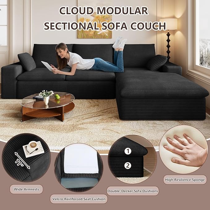 Cloud Sectional Couch,107 Inch Modular Sectional Sofa with Deep Seat, Modern Corduroy Boneless Couches with L-Shape Chaise for Living Room Bedroom, No Assembly Required (Black, Right Facing Chaise)