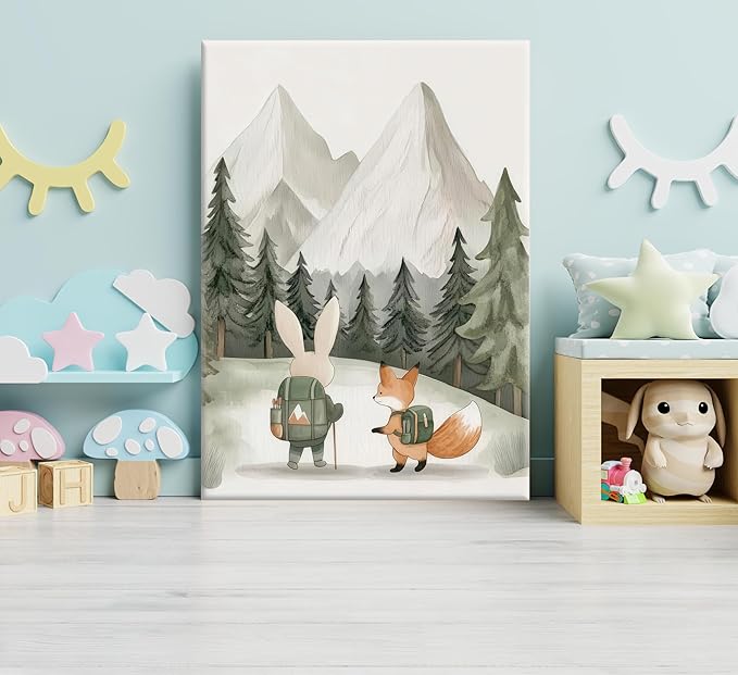 Woodland Animal Nursery Canvas Wall Art Fox Bear Rabbit Hedgehog Paintings Pictures Safari Nursery Wall Decor Forest Animals Camping Campfire Poster Print Artwork for Boys Kids Room Home Decoration