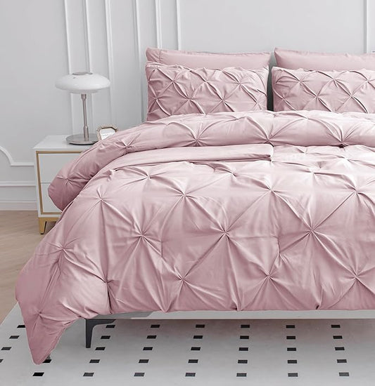 LANE LINEN 7-Piece Bed Set - Full Size, Pintuck Comforter & Sheet Set - Sepia Rose