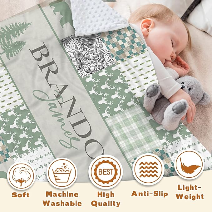 Personalized Rustic Woodland Baby Blanket - Custom Name Bear & Deer Design, Soft Blanket with Double Layer Dotted Backing for Infants Toddlers, Ideal Nursery Decor (30”x40)