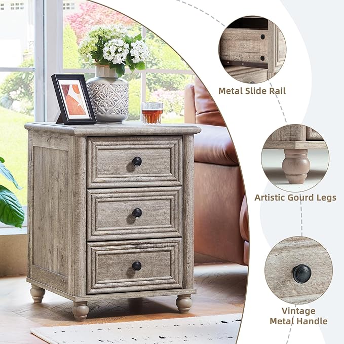 18" Farmhouse Night Stand, Wood Nightstand with 3 Drawers, Grey Bedside End Table with Storage and Roman Column, Bed Side Tables Cabinet for Bedroom, Living Room, and Closet