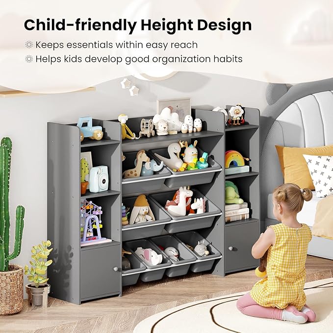 Costzon 56'' Kids Toy Storage Organizer with 8 Removable Bins, 4-Tier Toddler Bookshelf Cubbies, Preschool Children's Montessori Bookshelf w/6 Large Cabinet for Playroom, Daycare, Kids Room, Classroom