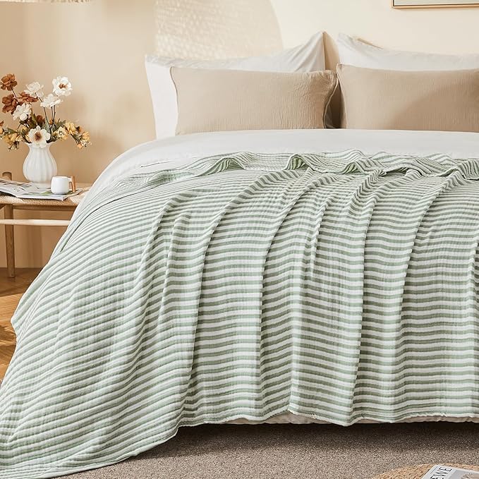 EMME Cotton Muslin King Blanket Bed Layering Bedspread Coverlet Breathable Gauze Soft Lightweight (Striped Sage Green, 108"x90")
