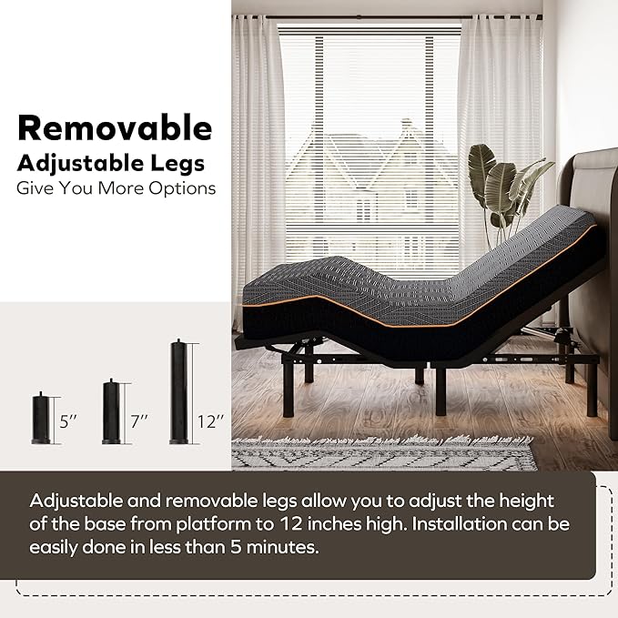 Twin XL Adjustable Bed Frame and 12 inch Memory Foam Mattress, Independent Head and Foot Incline Electric Bed with Massage, Wireless Remote, Zero Gravity, 2 USB Ports, Adjustable Legs, No Headboard