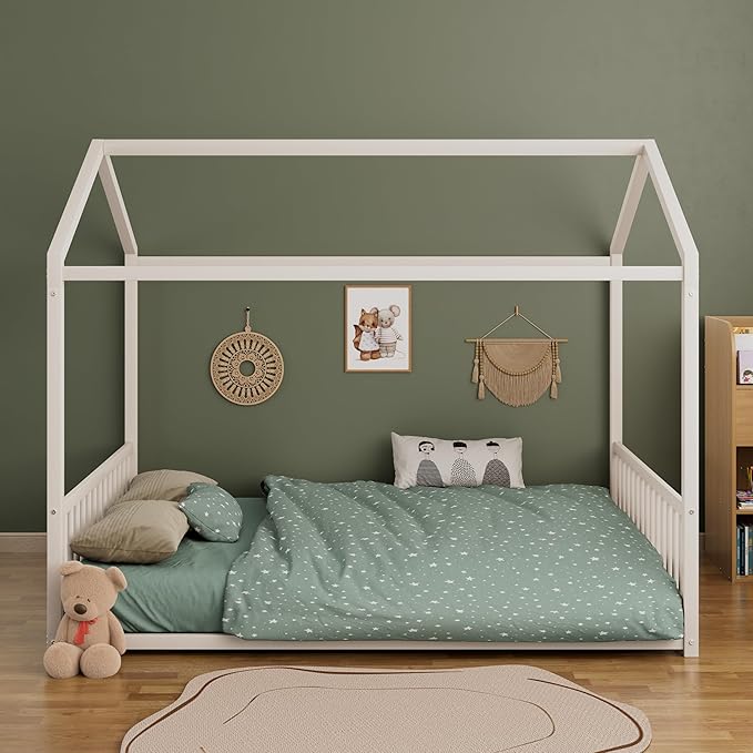 Merax Full Floor Bed Frame, Montessori Style Metal House Shaped Kids Bed with Vertical Safety Guardrails, No Slats, Grounded Design for Kids and Toddlers, Easy Assembly, White