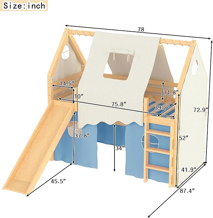 Playhouse Design Twin Size Loft Bed with Slide & Tent, Solid Wood Tent Bed Frame for Kids Boys Girls, Versatile Spacious Under Bed Space, Chic Design with Lights (Natural+Blue-Twin)