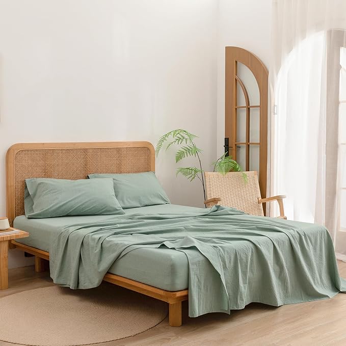 BESTOUCH Sheet Set 100% Washed Cotton Linen Feel Super Soft Comfortable Chic Lightweight 4 Pcs Home Bedding Set Solid Green Queen