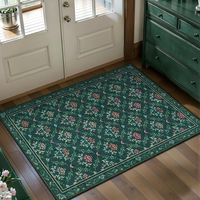 Tangsoo 2x3 Small Washable Entry Rug,Non Slip Moroccan Trellis Green Floral Throw Area Rugs for Entryway,Front Door Mats Indoor Entrance Carpet for Kitchen Office Laundry, Soft Kids & Pets Friendly