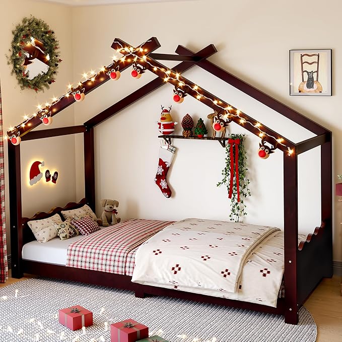 Twin Size Wooden House Floor Bed - Kids Bed Frame with Roof & Support Slats for Bedroom, No Box Spring Needed, Easy Assembly (Espresso)
