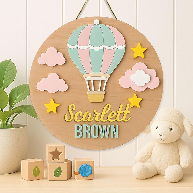 Hot Air Balloon Door Sign for Girls Room Decor – Custom Wooden Nursery Plaque with Stars and Clouds, Personalized Room Wall Decor with Baby Name Engraving