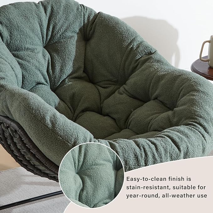 Oversized Outdoor Papasan Rocking Chair Set of 2 with Soft Cushion, Comfy Patio Egg Chair, Wicker Lounge Rocker for Balcony/Porch/Garden, Reinforced All Weather Rattan Frame, Hunter Green