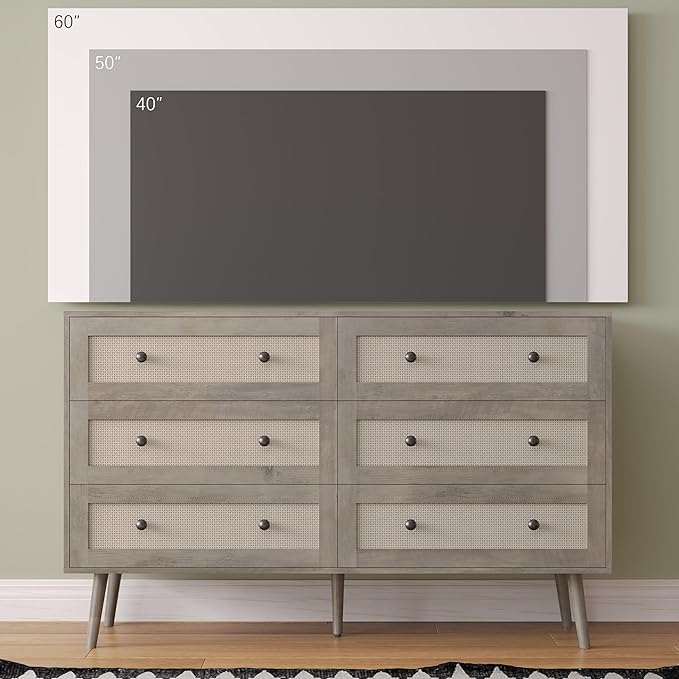 6 Drawer Dresser for Bedroom, 47.3" Rattan Chest of Drawers with Wooden Knobs, Natural Wood Dresser for Closet TV Stand Storage Organizer for Bedroom, Hallway, Office, Grey