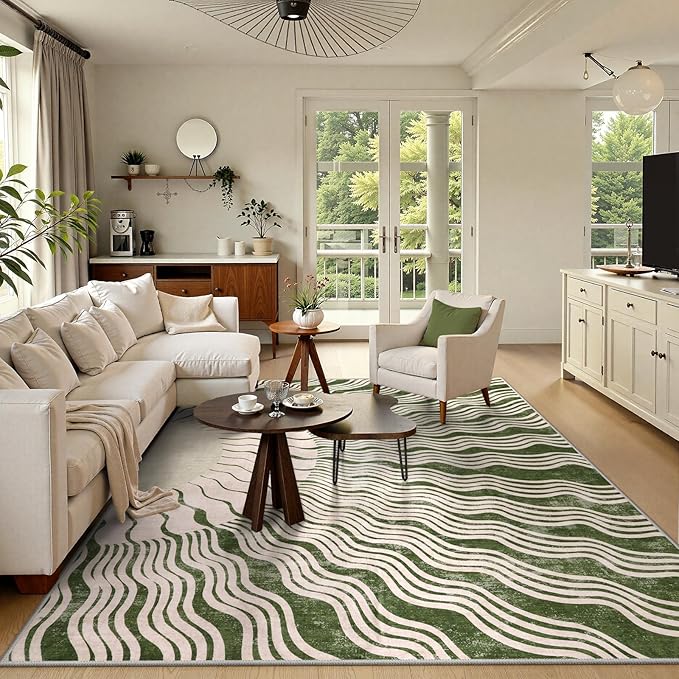 Boho Washable Rug 6x9, Soft 6x9 Green Rugs for Living Room Classroom, Ultra-Thin Non Slip Bedroom Rug Stain Resistant Large Carpet for Dining Room Nursery(6'x9',Green/Multi)
