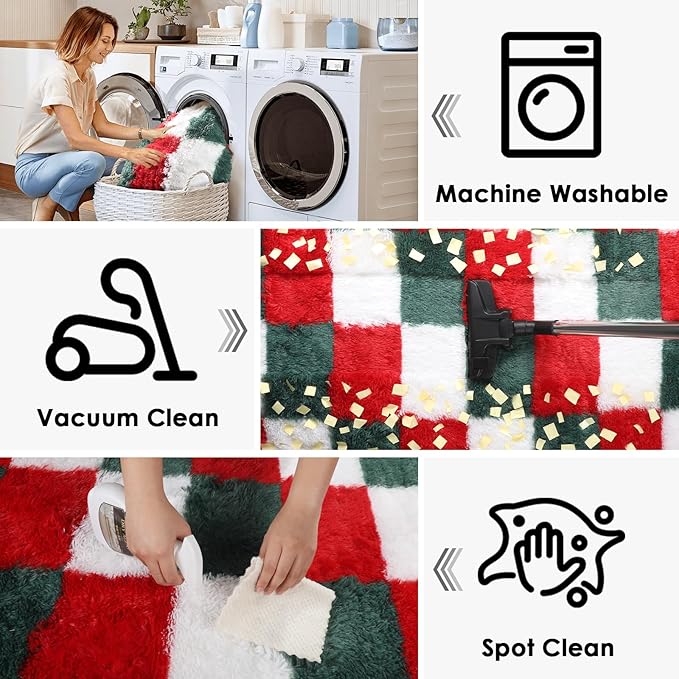 KICMOR Christmas Area Rug for Bedroom Living Room, 4x6 Fluffy Soft Red Green White Checkered Shag Rug Fuzzy Shaggy Bedside Carpet, Indoor Plush Floor Rugs for Kids Boys Girls Room Holiday Home Decor