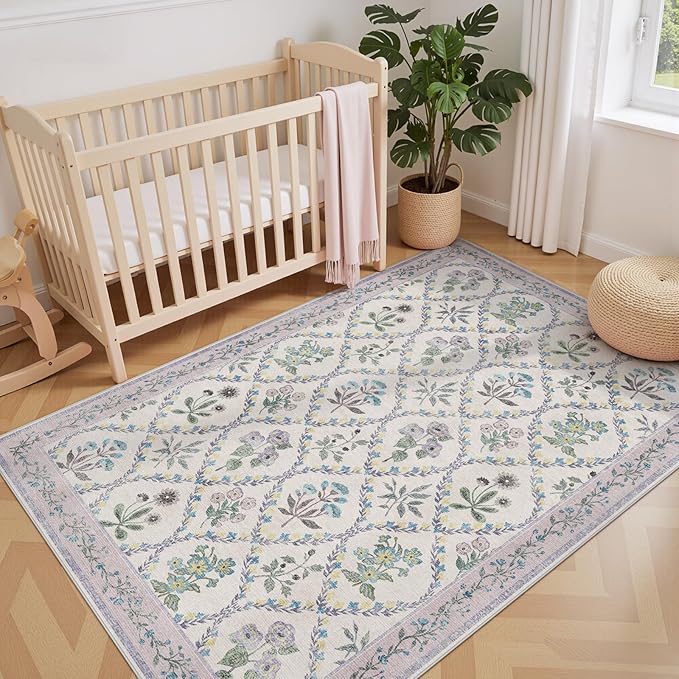 Purple Rugs for Bedroom Girls, 4x6 Boho Floral Washable Area Rug Non Slip, Soft Indoor Decor Elegant Carpet for Kids Room Nursery Living Room Dining Room, Purple Grey