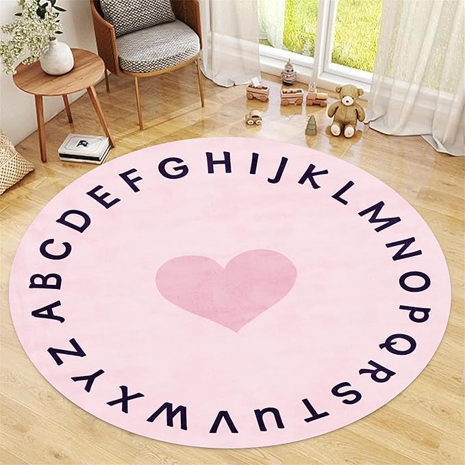 Super Soft Pink Round Rug,3.3ft,Children's ABC Letter Educational Learning Rug, Non-Slip Washable Nursery Rug, Children's Crawling Play Mat, Suitable for Boys And Girls Bedroom Playroom Decoration