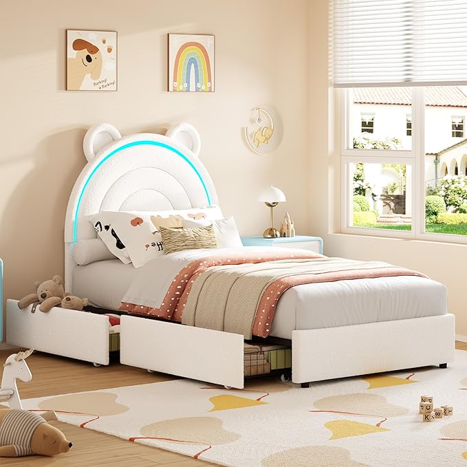 Garvee Princess Twin Size Bed Frame with 2 Storage Drawers & LED Lights, Upholstered Platform Bed with Rainbow Headboard for Kids/Girls, Solid Wood Slats Support, No Box Spring Needed, White