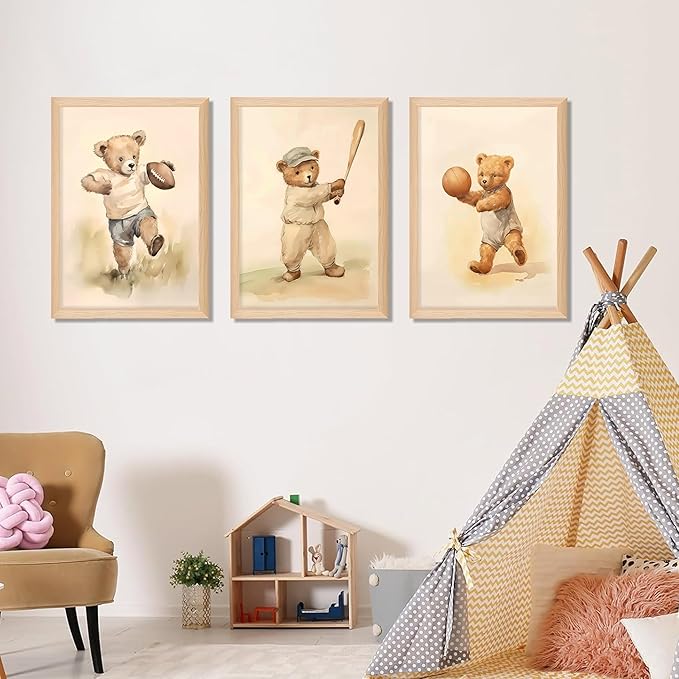 Framed Bear Wall Art Nursery Decor Set of 3, Cute Vintage Baby Bear Sports Pictures Wall Decor, Nursery Animal Poster Prints, Wild Animals Canvas for Children Bedroom Boy Room Decoration – 16x24 inch