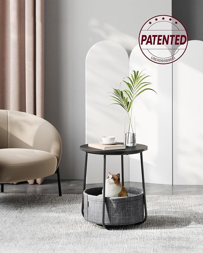 VASAGLE LILEA Collection - Small Round Side End Table, Modern Nightstand with Fabric Basket, Ebony Black and Slate Gray ULET223B01