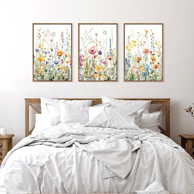 FWIEXA Floral Canvas Wall Art, Framed Wildflower Pictures Wall Decor, Large Flower Prints, Colorful Botanical Artwork, Watercolor Painting 3 Panel 24x36 Inches for Living Room, Bedroom, Office, Home