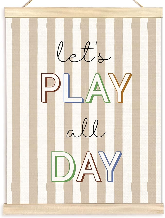 BESERH Boho Neutral Playroom Wall Art Posters, Play Room Wall Decor, Let's Play All Day Canvas Prints Artwork Framed for Toddler Kids Playroom Bedroom Nursery, 12x16 Inch