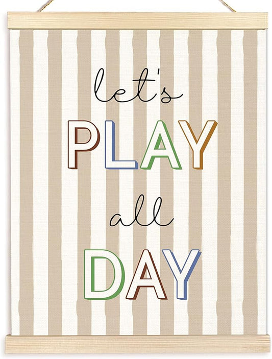 BESERH Boho Neutral Playroom Wall Art Posters, Play Room Wall Decor, Let's Play All Day Canvas Prints Artwork Framed for Toddler Kids Playroom Bedroom Nursery, 12x16 Inch