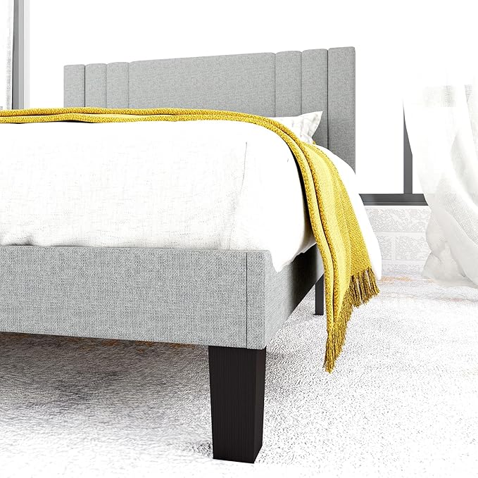 Tyndall Queen Size Bed Frame, Linen Fabric Upholstered Platform with Headboard