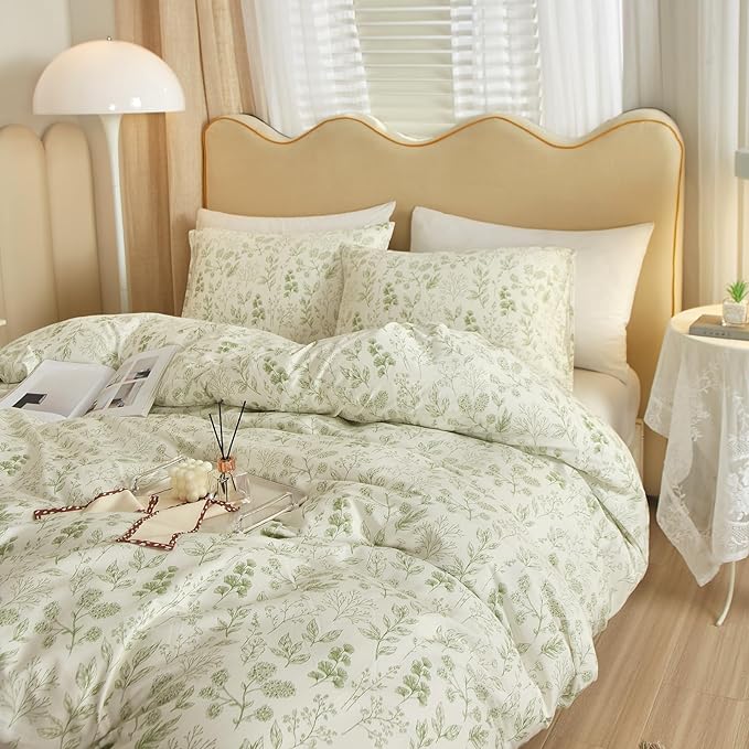 HighBuy 3 Pieces Duvet Cover Twin White Duvet Cover with Green Floral Print,Coquette Soft Cotton Comforter Cover Boho Style,Aesthetic Twin Bedding Set with Zipper Closure 4 Ties,All Season